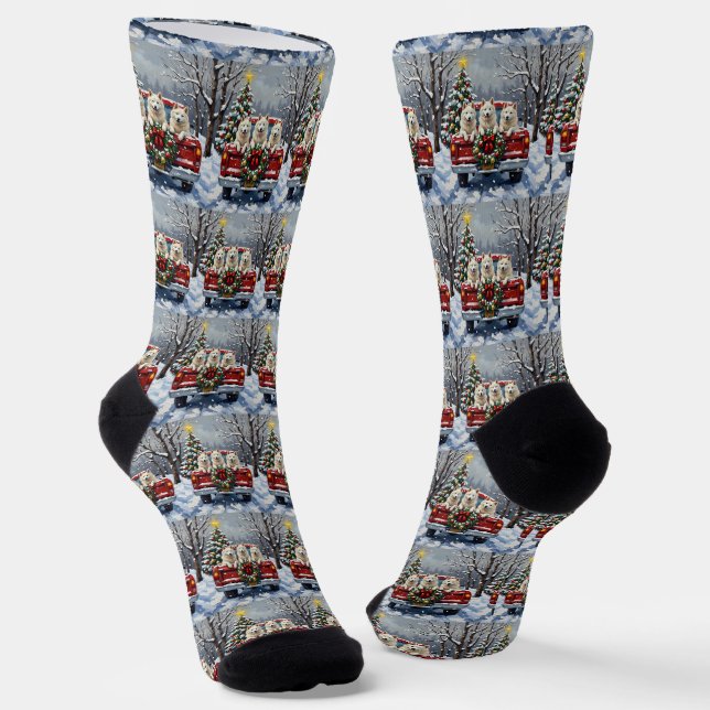 American Eskimo Dog Christmas Red Truck Holiday Socken (Gewinkelt)