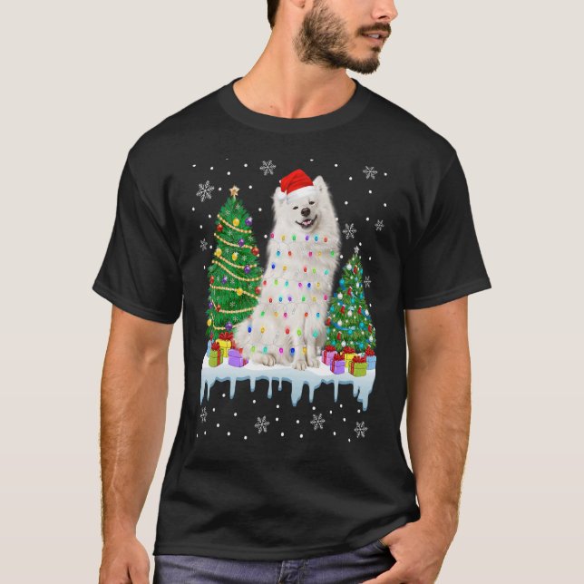 American Eskimo Dog Christmas Tree Lights Welpe T-Shirt (Vorderseite)