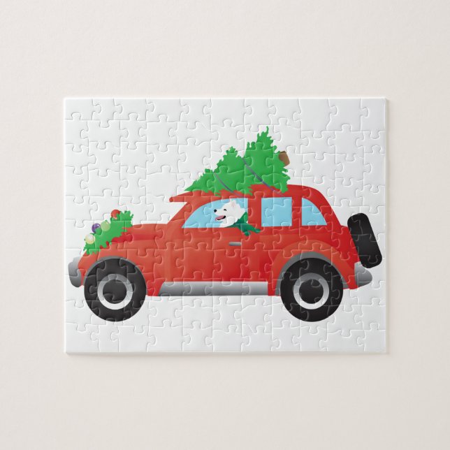 American Eskimo Dog Driving Car mit Weihnachtsbaum (Horizontal)
