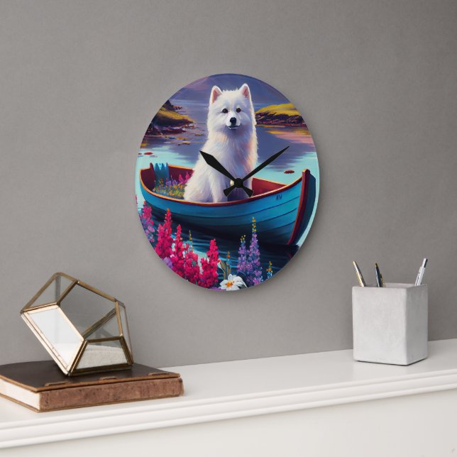 American Eskimo Dog on Paddle: Ein Landschaftliche Große Wanduhr (Büro)