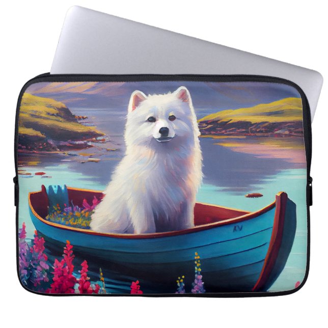 American Eskimo Dog on Paddle: Ein Landschaftliche Laptopschutzhülle (Vorderseite)