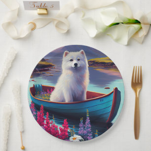 American Eskimo Dog on Paddle: Ein Landschaftliche Pappteller