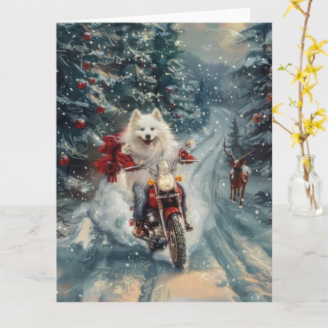 American Eskimo Dog Riding Motorrad Weihnachten Karte (Gelbe Blume)