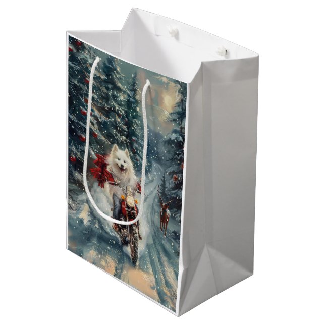 American Eskimo Dog Riding Motorrad Weihnachten Mittlere Geschenktüte (Vorderseite Schrägansicht)