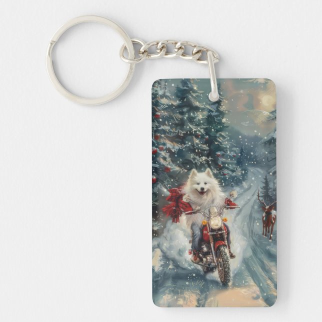 American Eskimo Dog Riding Motorrad Weihnachten Schlüsselanhänger (Vorderseite)