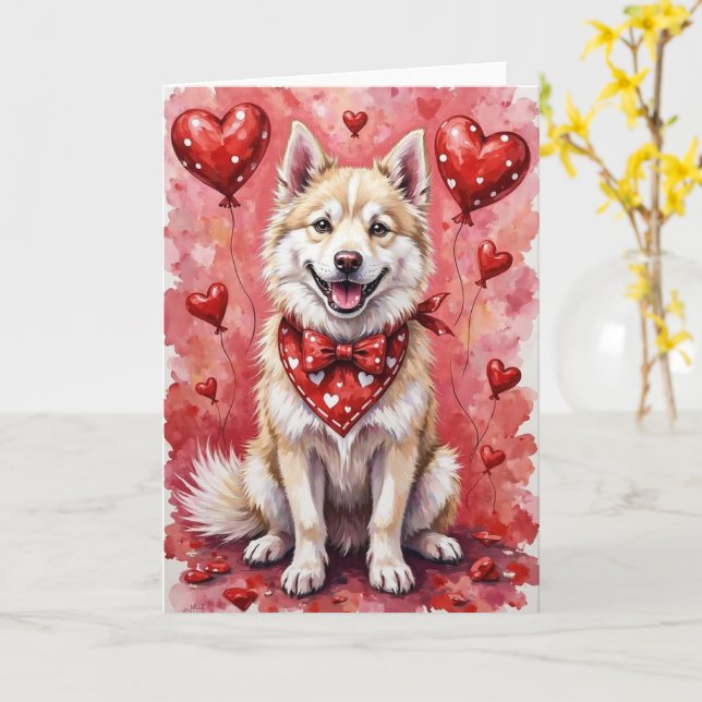 American Eskimo Dog Valentine’s Day with Hearts Karte (Gelbe Blume)