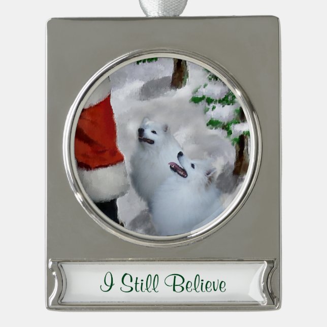 American Eskimo Dog Weihnachten Personalisiert Banner-Ornament Silber (Vorderseite)