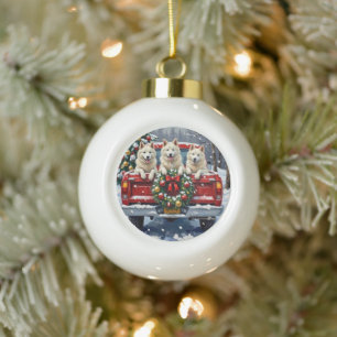 American Eskimo Dog Weihnachten Rotes Lastwagen Fe Keramik Kugel-Ornament