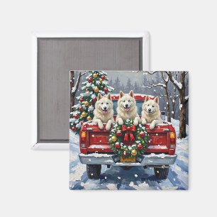 American Eskimo Dog Weihnachten Rotes Lastwagen Fe Magnet
