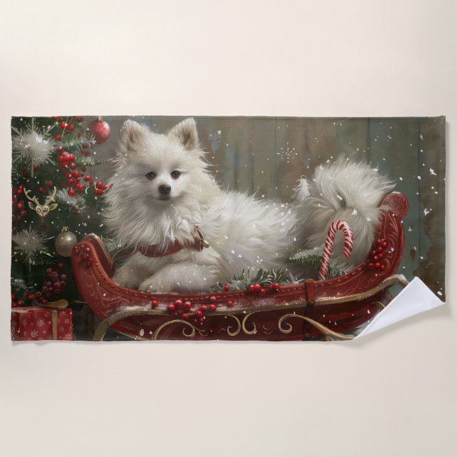 American Eskimo Dog Weihnachtsfest Strandtuch (Vorderseite)