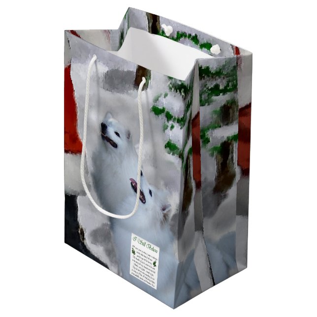 American Eskimo Dog Weihnachtsgeschenke Mittlere Geschenktüte (Vorderseite Schrägansicht)