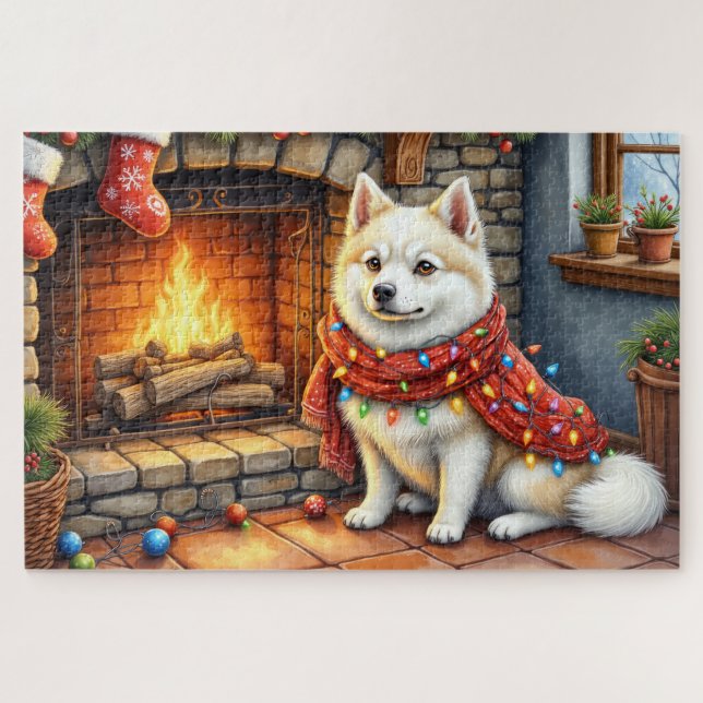American Eskimo Fireplace with Christmas Lights (Horizontal)