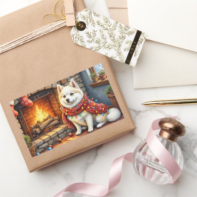 American Eskimo Fireplace with Christmas Lights Rechteckiger Aufkleber (Schenken)