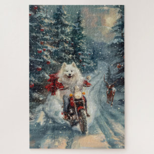 American Eskimo Hund fährt Motorrad Weihnachten 