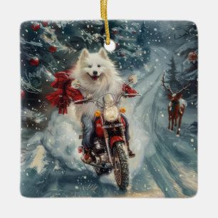 American Eskimo Hund fährt Motorrad Weihnachten Keramikornament