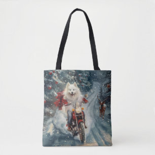 American Eskimo Hund fährt Motorrad Weihnachten Tasche