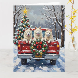 American Eskimo Hund Weihnachten Roter LKW Urlaub Karte