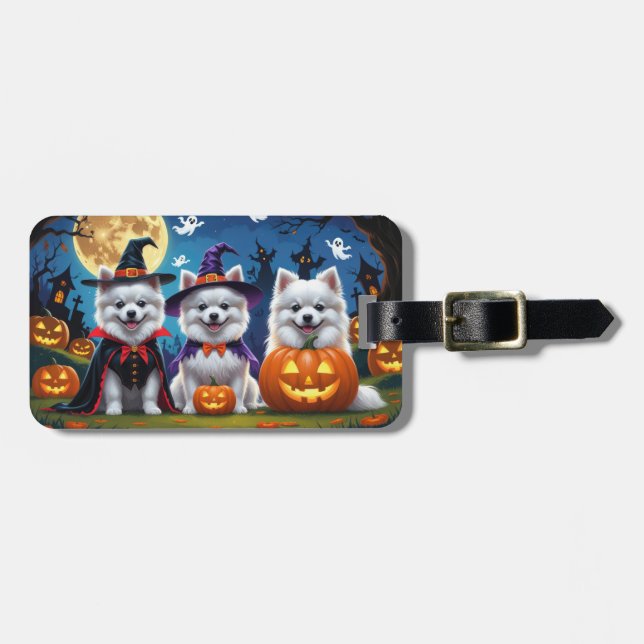American Eskimo Hunde Pumpkin Halloween Funny Gepäckanhänger (Vorderseite horizontal)