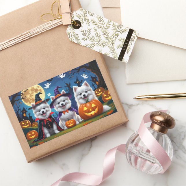 American Eskimo Hunde Pumpkin Halloween Funny Rechteckiger Aufkleber (Schenken)