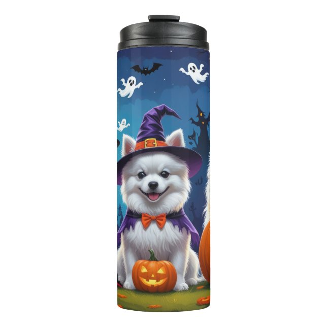 American Eskimo Hunde Pumpkin Halloween Funny Thermosbecher (Vorderseite)