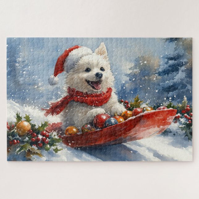 American Eskimo in Sledge Let it Snow Christmas (Horizontal)