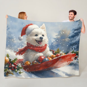 American Eskimo in Sledge Let it Snow Christmas Fleecedecke