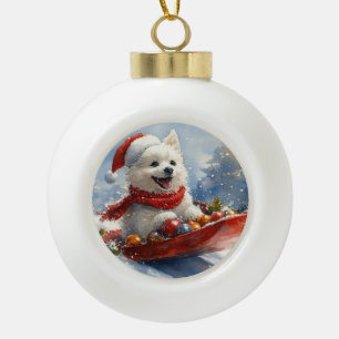 American Eskimo in Sledge Let it Snow Christmas Keramik Kugel-Ornament