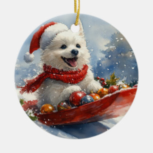 American Eskimo in Sledge Let it Snow Christmas Keramik Ornament