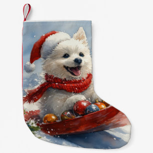 American Eskimo in Sledge Let it Snow Christmas Kleiner Weihnachtsstrumpf