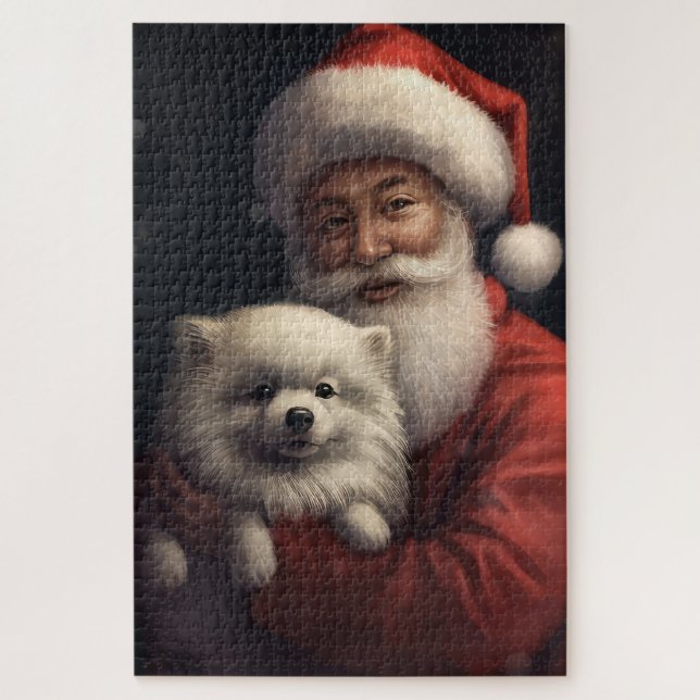 American Eskimo mit Weihnachtsmann Weihnachten (Vertikal)