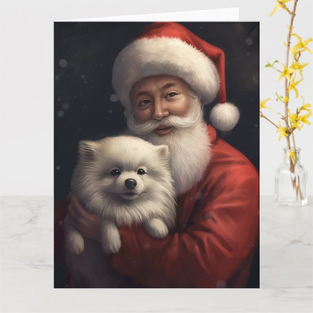 American Eskimo mit Weihnachtsmann Weihnachten Karte (Gelbe Blume)