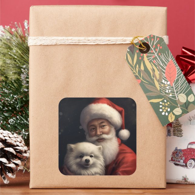 American Eskimo mit Weihnachtsmann Weihnachten Quadratischer Aufkleber (Feiertag)