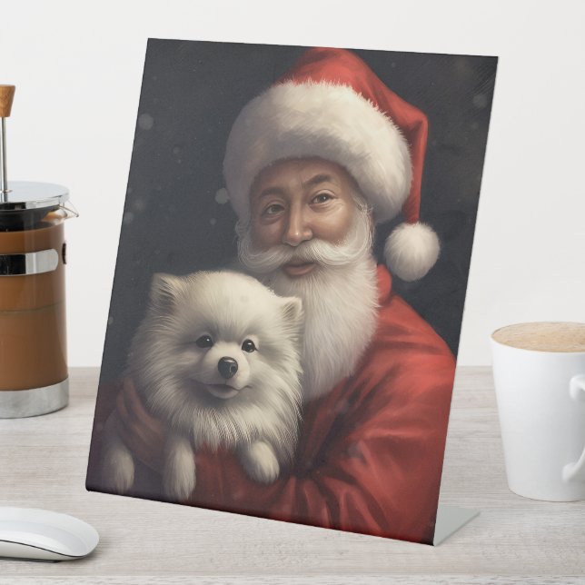 American Eskimo mit Weihnachtsmann Weihnachten Sockelschild (In Situ)