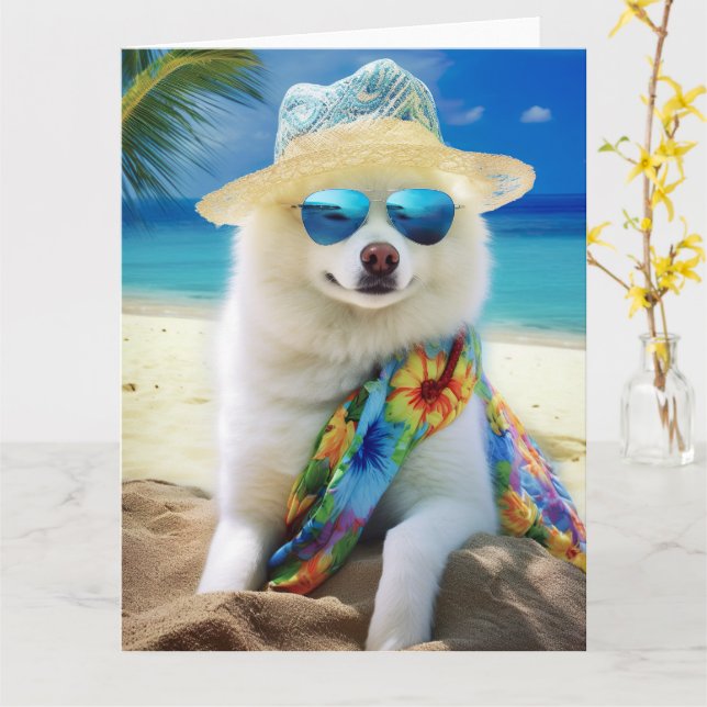American Eskimo on Beach, Sommergeschenk für Hunde Karte (Gelbe Blume)
