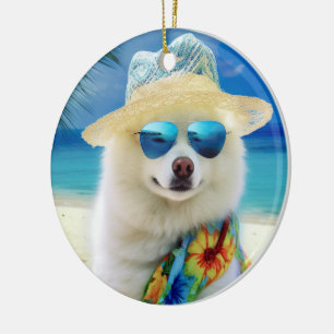 American Eskimo on Beach, Sommergeschenk für Hunde Keramik Ornament
