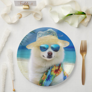 American Eskimo on Beach, Sommergeschenk für Hunde Pappteller