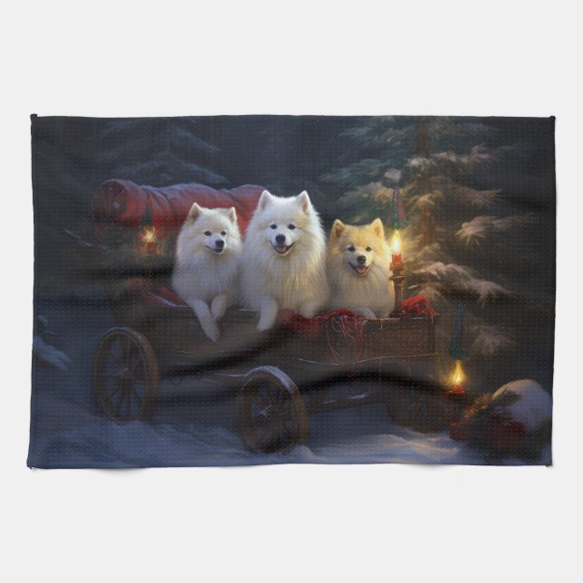 American Eskimo Snowy Sleigh Weihnachtsdekor Geschirrtuch (Horizontal)