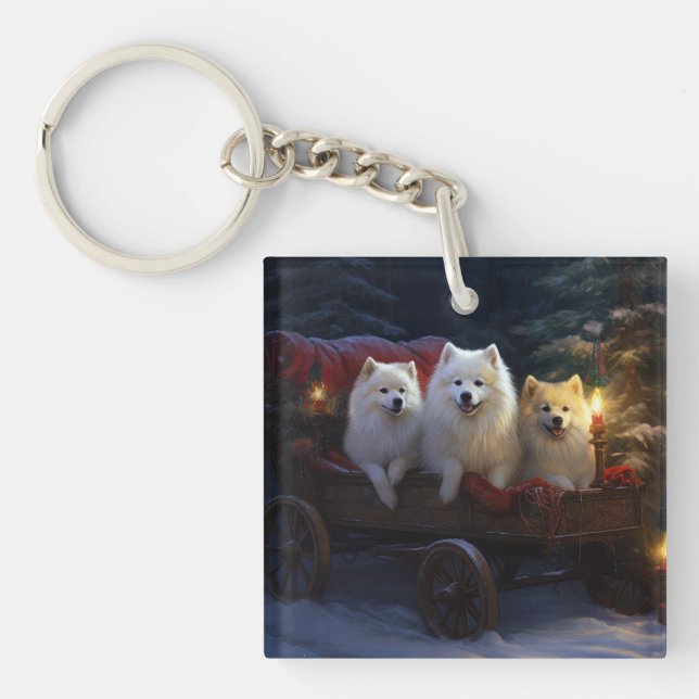 American Eskimo Snowy Sleigh Weihnachtsdekor Schlüsselanhänger (Vorderseite)