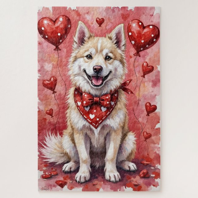 American Eskimo Valentine Dog Art with Hearts (Vertikal)