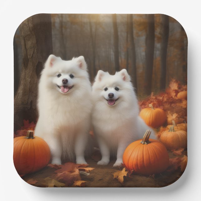 American Eskimo Welpe Autumn Delight Pumpkin Pappteller (Vorderseite)