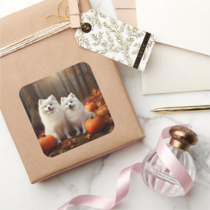 American Eskimo Welpe Autumn Delight Pumpkin Quadratischer Aufkleber