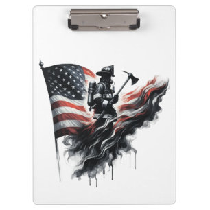 American firefighter.Flag of the United Staaten. Klemmbrett