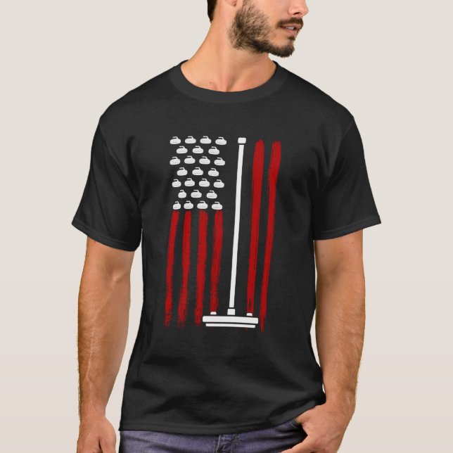American Flag 4. Juli Curling Player Winter Sport T-Shirt (Vorderseite)