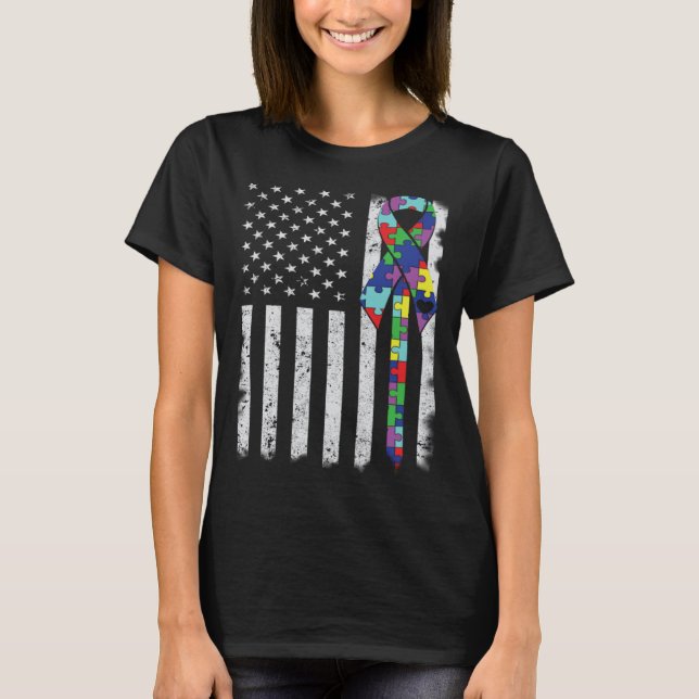 American Flag Autism Awareness Teacher Mom Support T-Shirt (Vorderseite)
