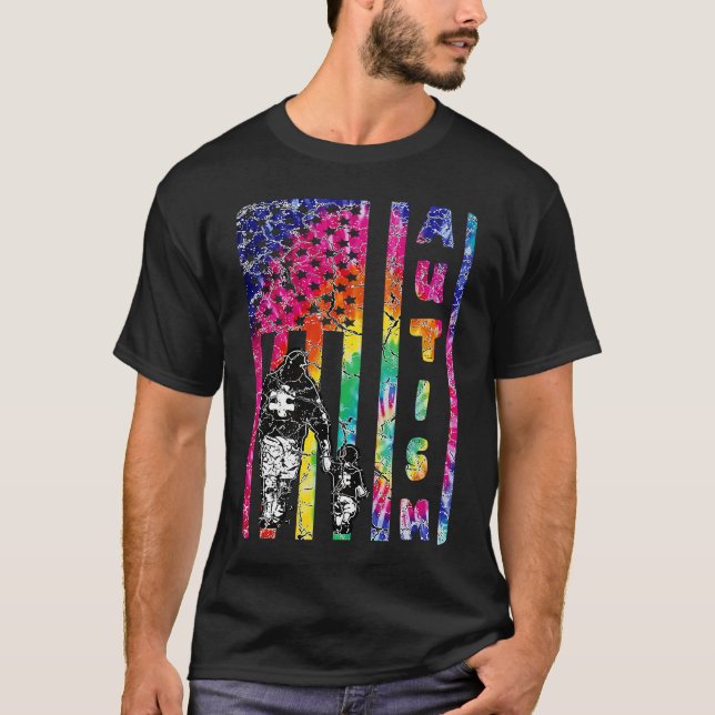 American Flag Autism Awareness Teacher Mom Support T-Shirt (Vorderseite)
