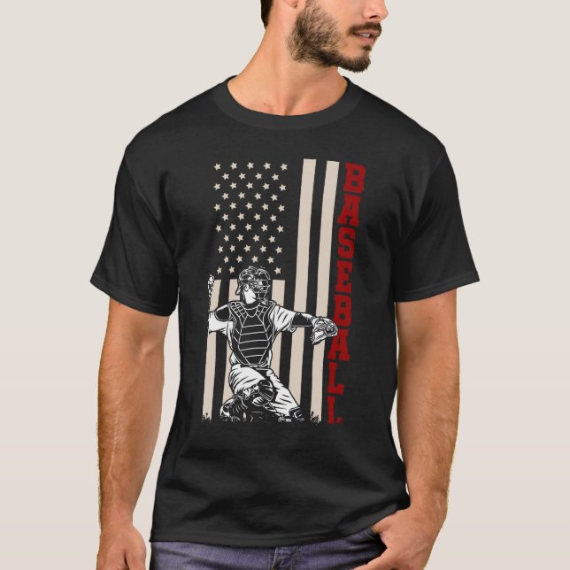 American Flag Baseball Catcher US Sportsman T-Shirt (Vorderseite)