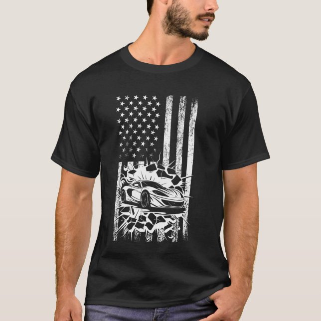 American Flag Car Racer US Flag Patriot Pat T-Shirt (Vorderseite)