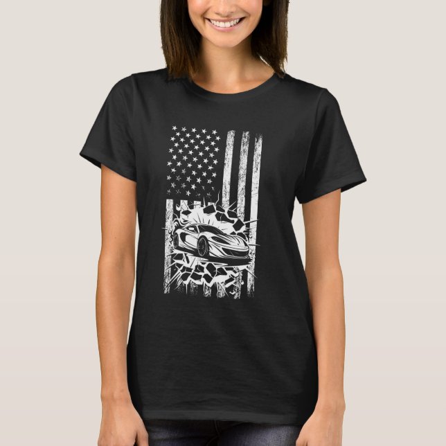American Flag Car Racer US Flag Patriot Pat T-Shirt (Vorderseite)