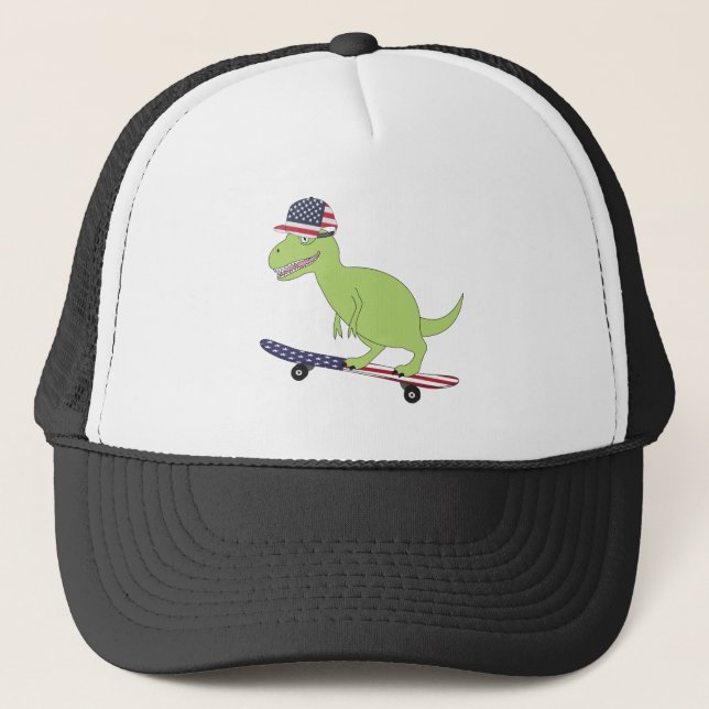 American Flag Dinosaurier Skateboarding Truckerkappe (Vorderseite)