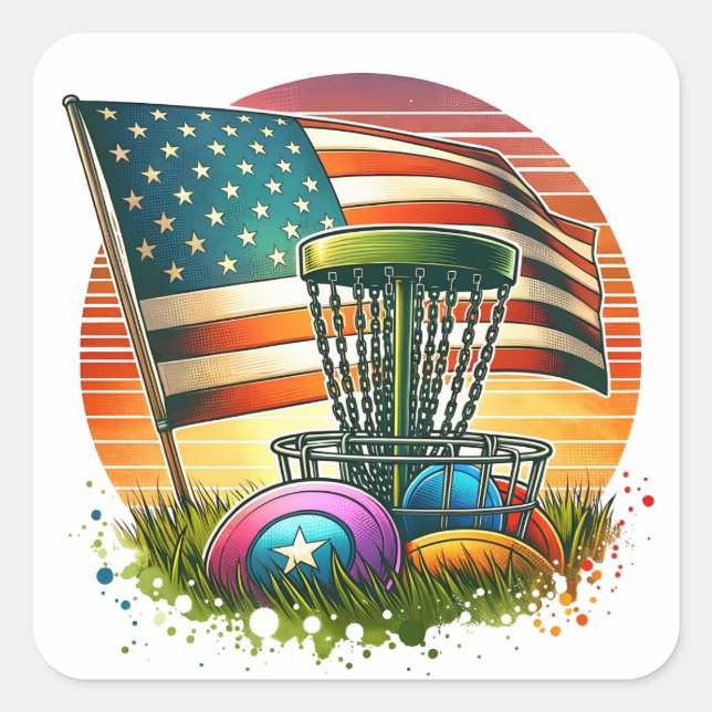 American Flag Disk Golf Vintag Sun Quadratischer Aufkleber (Vorderseite)